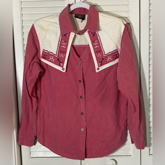 Wildfire Tops - Wildfire Western Red/Pink & White Long Sleeve Button Up Top, Sz M Vintage